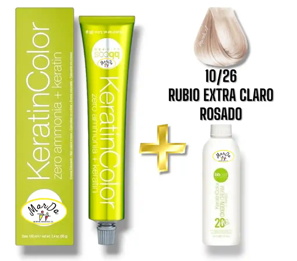 10/26 Rubio Extra Claro Rosado Tintura Keratincolor Sin Amoniaco Con Keratina 100 Ml + Agua Oxigenada 20 V Bbcos