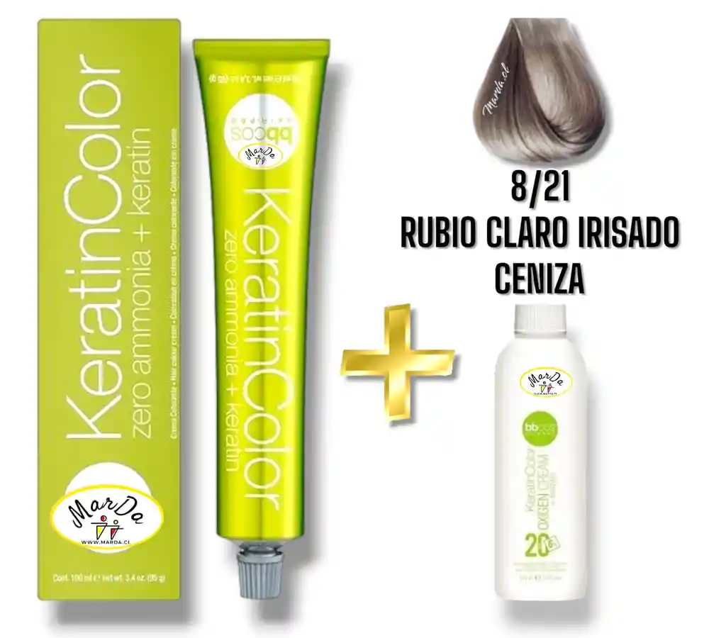 8/21 Rubio Claro Irisado Ceniza Tintura Keratincolor Sin Amoniaco Con Keratina 100 Ml + Agua Oxigenada 20 V Bbcos