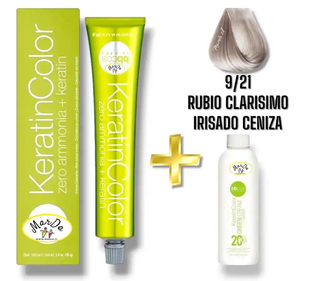 9/21 Rubio Clarisimo Irisado Ceniza Tintura Keratincolor Sin Amoniaco Con Keratina 100 Ml + Agua Oxigenada 20 V Bbcos