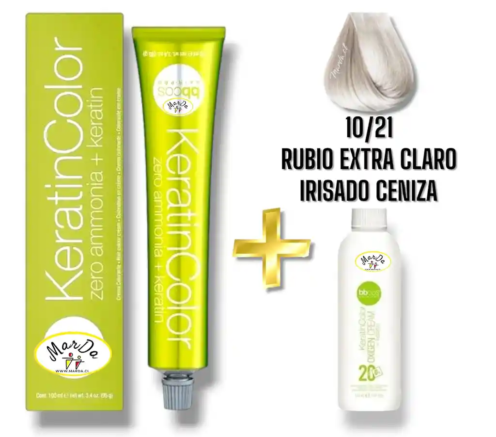 10/21 Rubio Extra Claro Irisado Ceniza Tintura Keratincolor Sin Amoniaco Con Keratina 100 Ml + Agua Oxigenada 20 V Bbcos