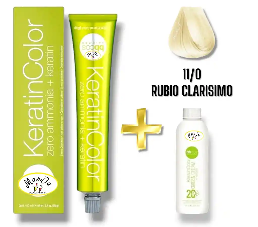 11/0 Rubio Clarisimo Tintura Keratincolor Sin Amoniaco Con Keratina 100 Ml + Agua Oxigenada 20 V Bbcos