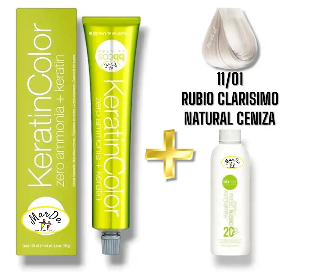 11/01 Rubio Clarisimo Natural Ceniza Tintura Keratincolor Sin Amoniaco Con Keratina 100 Ml + Agua Oxigenada 20 V Bbcos