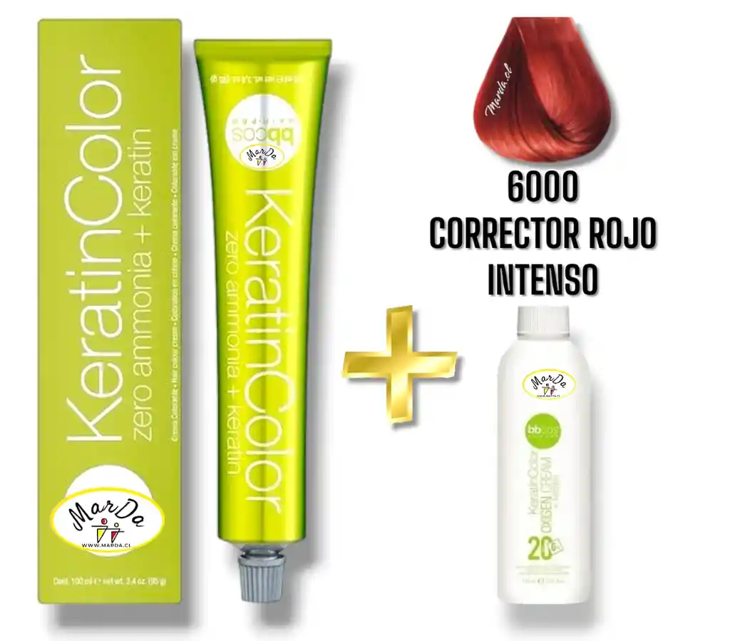 6000 Corrector Rojo Intenso Tintura Keratincolor Sin Amoniaco Con Keratina 100 Ml + Agua Oxigenada 20 V Bbcos