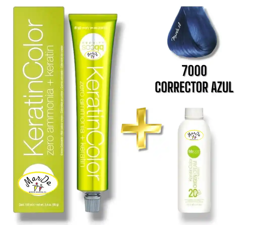 7000 Corrector Azul Tintura Keratincolor Sin Amoniaco Con Keratina 100 Ml + Agua Oxigenada 20 V Bbcos