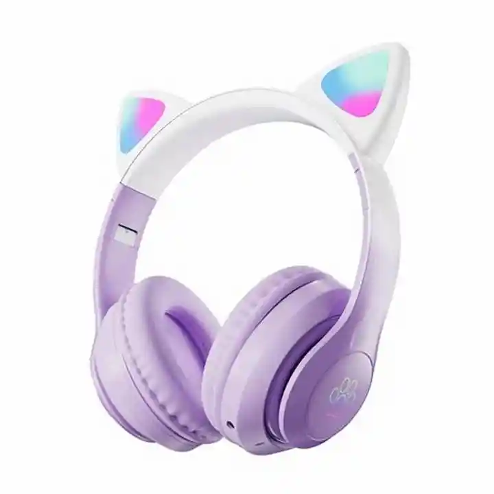 Audifono Inalambricos Orejas Gatito Cat Para Niña 10hrs W42 Morado