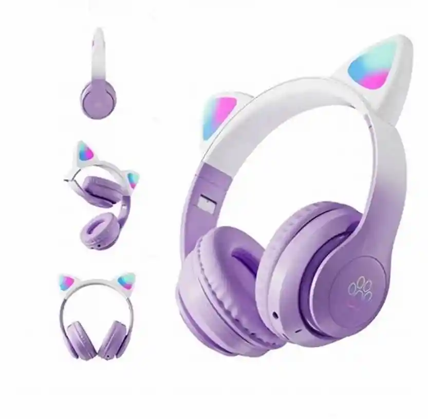 Audifono Inalambricos Orejas Gatito Cat Para Niña 10hrs W42 Morado