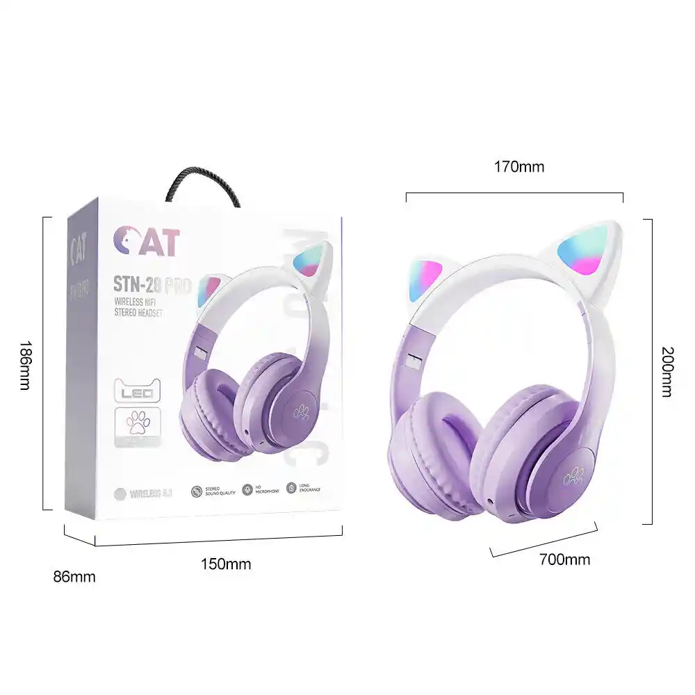 Audifono Inalambricos Orejas Gatito Cat Para Niña 10hrs W42 Morado