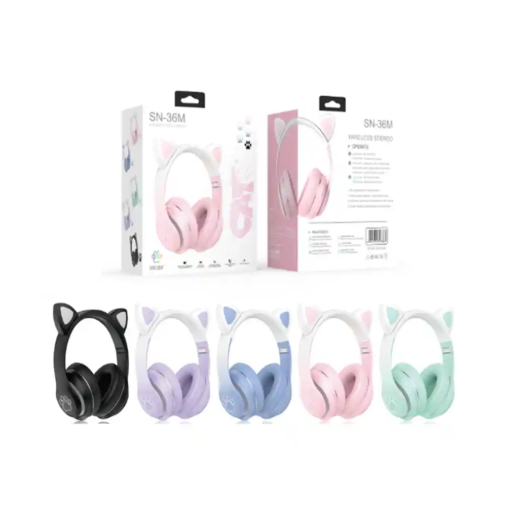 Audifono Inalambricos Orejas Gatito Cat Para Niña 10hrs W42 Morado