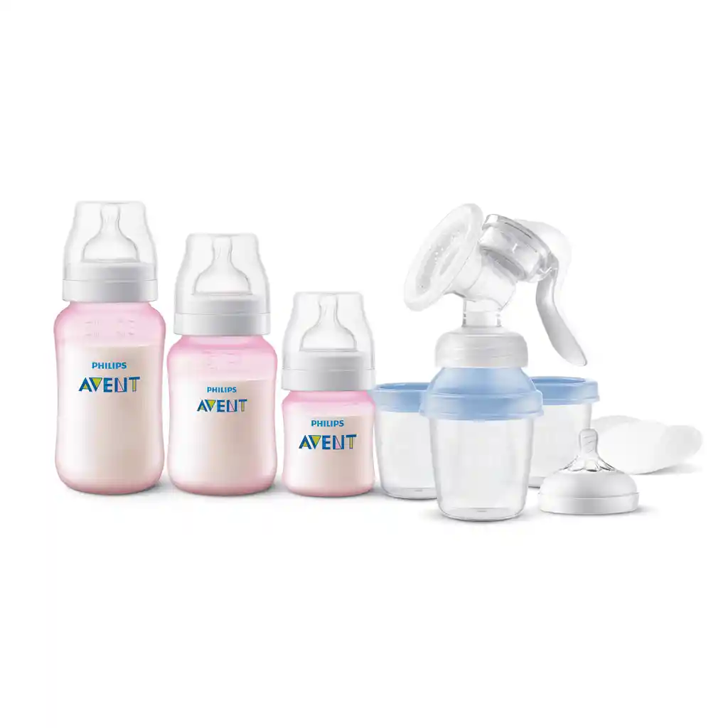 Extractor De Leche Manual Avent + Set De 3 Mamaderas Pink