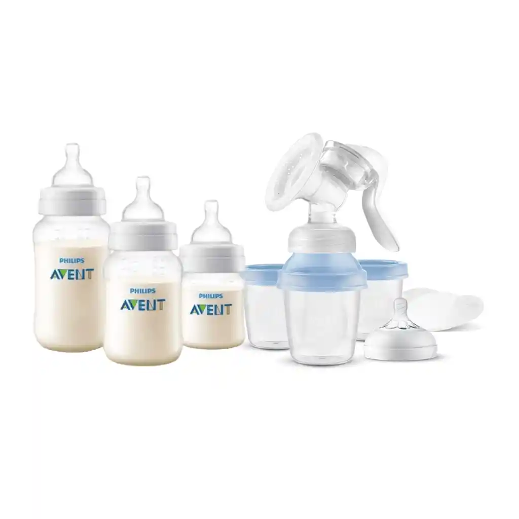 Extractor De Leche Manual Avent + Set De 3 Mamaderas Transparente