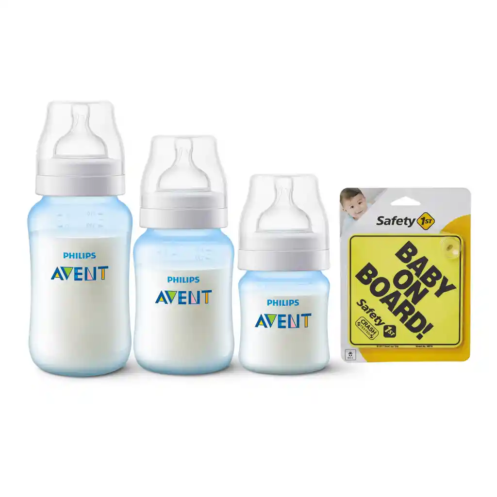 3 Mamaderas Anticolic Blue + Letrero Amarillo