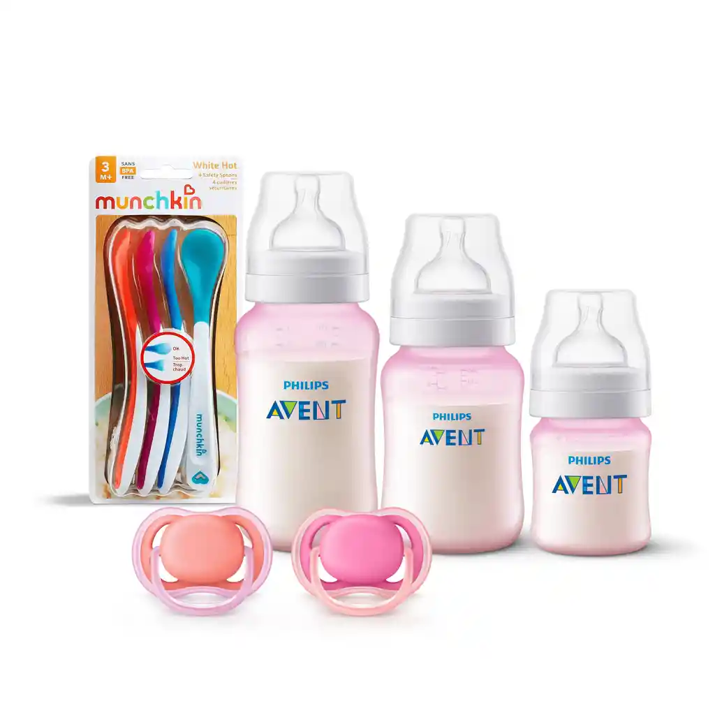 3 Mamaderas Pink + Set De 2 Chupetes 6-18 Meses Pink Y 4 Cucharas