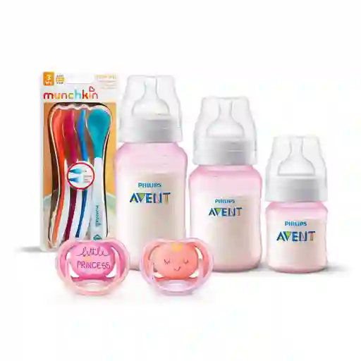 3 Mamaderas Pink + Set De 2 Chupetes 6-18 Meses Pink Decorado Y 4 Cucharas