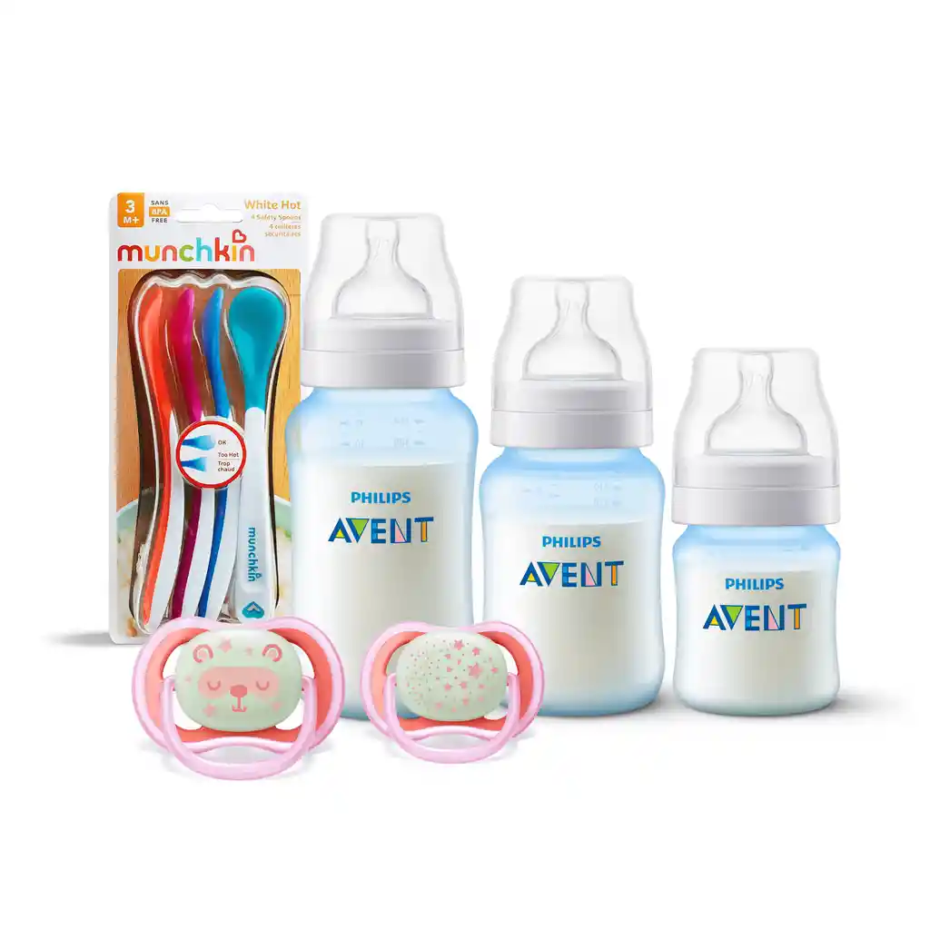 3 Mamaderas Blue + Set De 2 Chupetes 6-18 Meses Nocturno Y 4 Cucharas