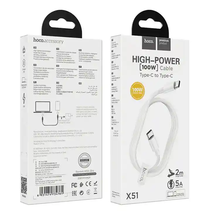 Cable Hoco X51 Data Tipo C A Tipo C 100w 2m Blanco