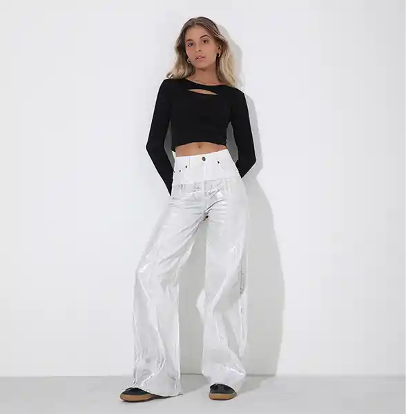 Pantalón Wide Leg Blanco Foil Plateado 34 Mujer