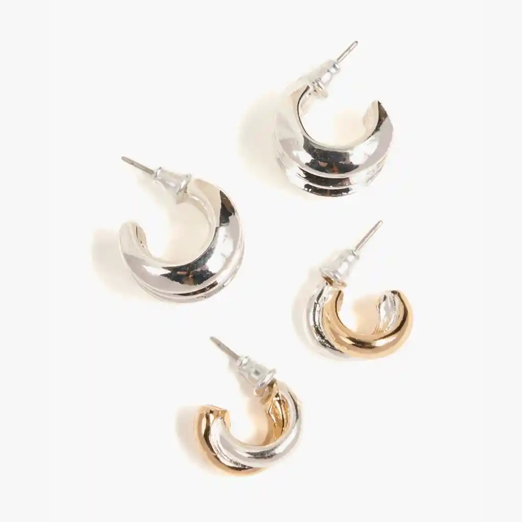 Set Aros Mujer Argollas Bicolor Plateado