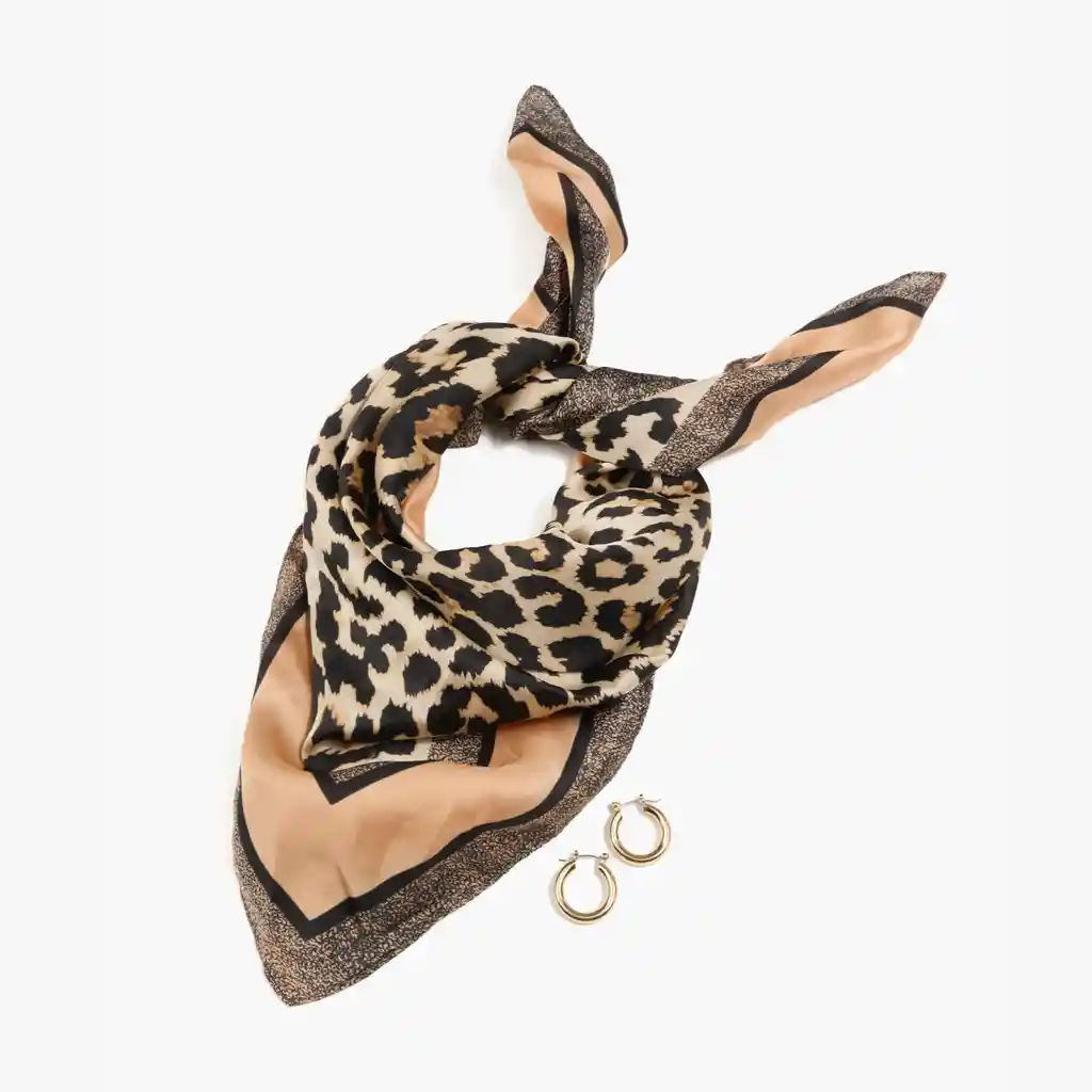 Set Pañuelo Y Aros Mujer Satín Animal Print Beige