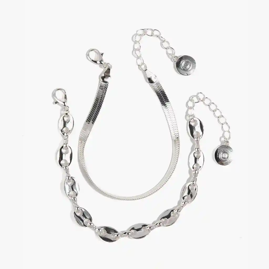 Set Pulseras Mujer Chapitas Plateado