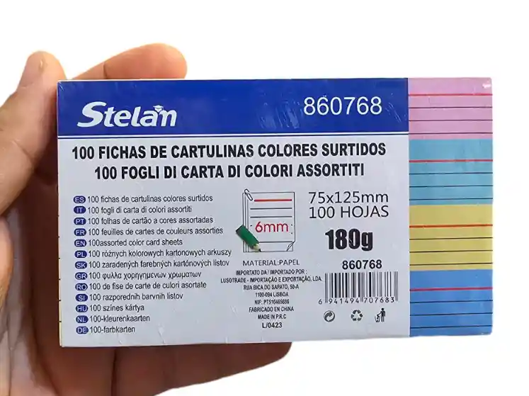 Fichas De Cartulina Colores Surtidos 180grs 100 Unds Con Lineas De 6mm