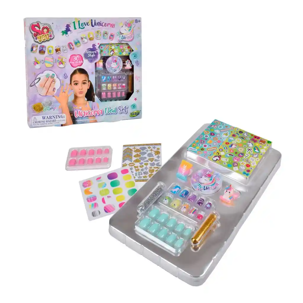 Set 30 Uñas Adhesivas Con Diseños Brillos Stickers Y Anillos