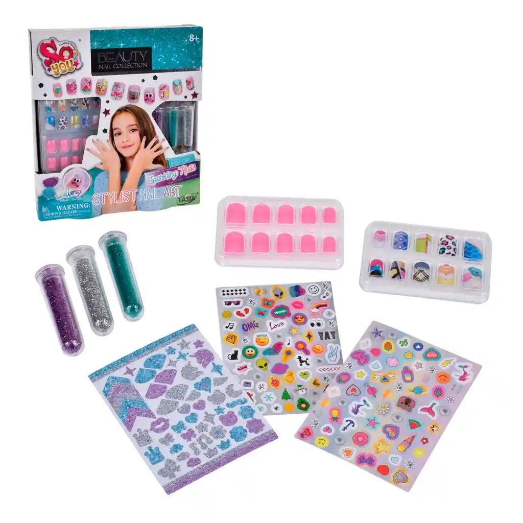 Set 20 Uñas Adhesivas Con Diseños + Brillos Y Stickers