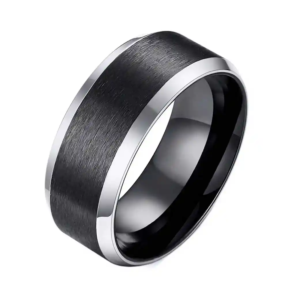 Anillo De Acero Biselado Negro Con Bordes Plateados Talla 10