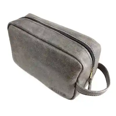 Neceser De Cuero Natural Gris Con Bolsillo Externo