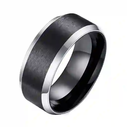 Anillo De Acero Biselado Negro Con Bordes Plateados Talla 9