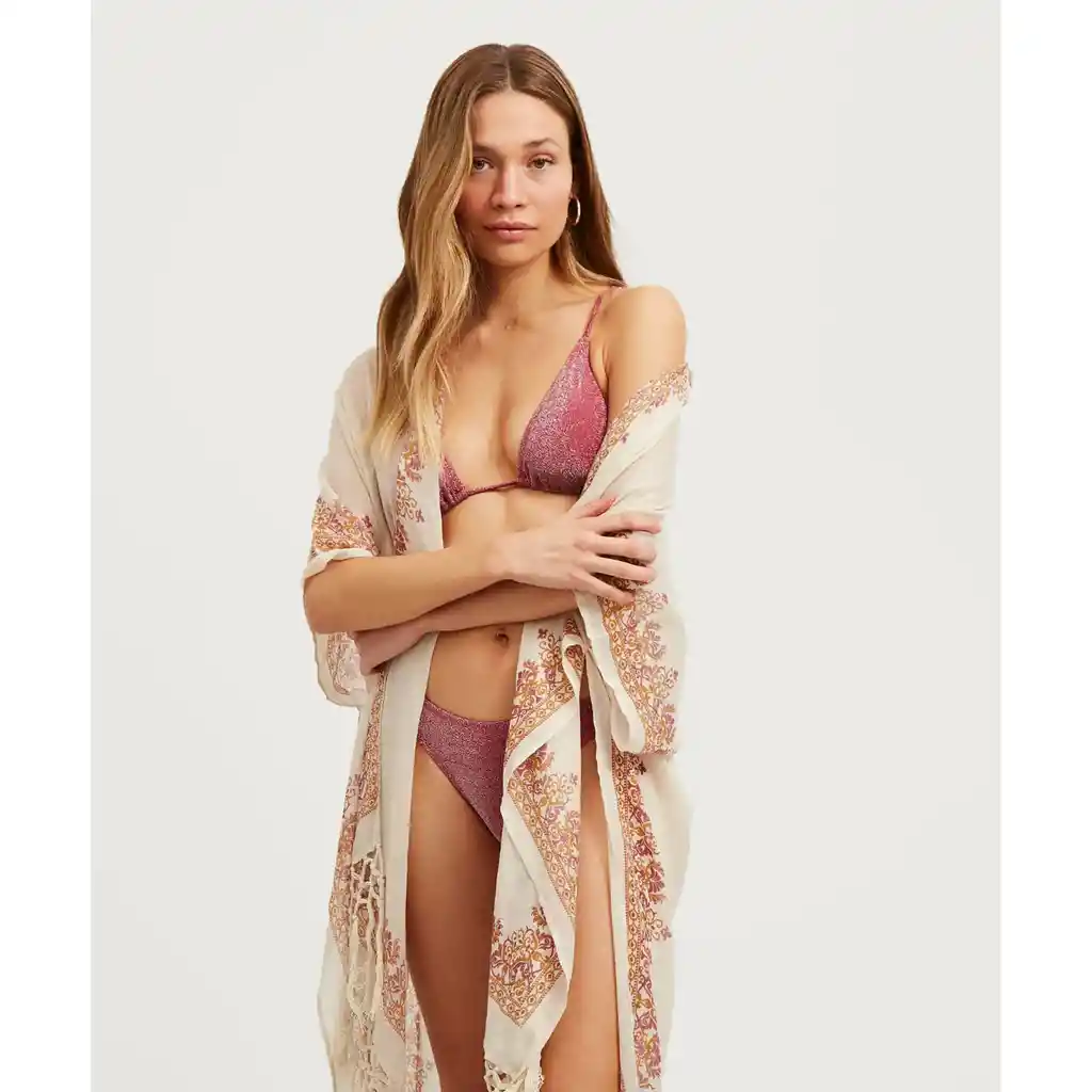 Kimono Mujer Flecos Talla Única Beige