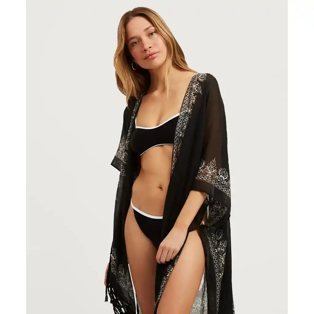 Kimono Mujer Flecos Talla Única Negro