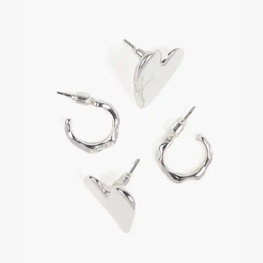 Set Aros Mujer Corazones Y Argollas Plateado