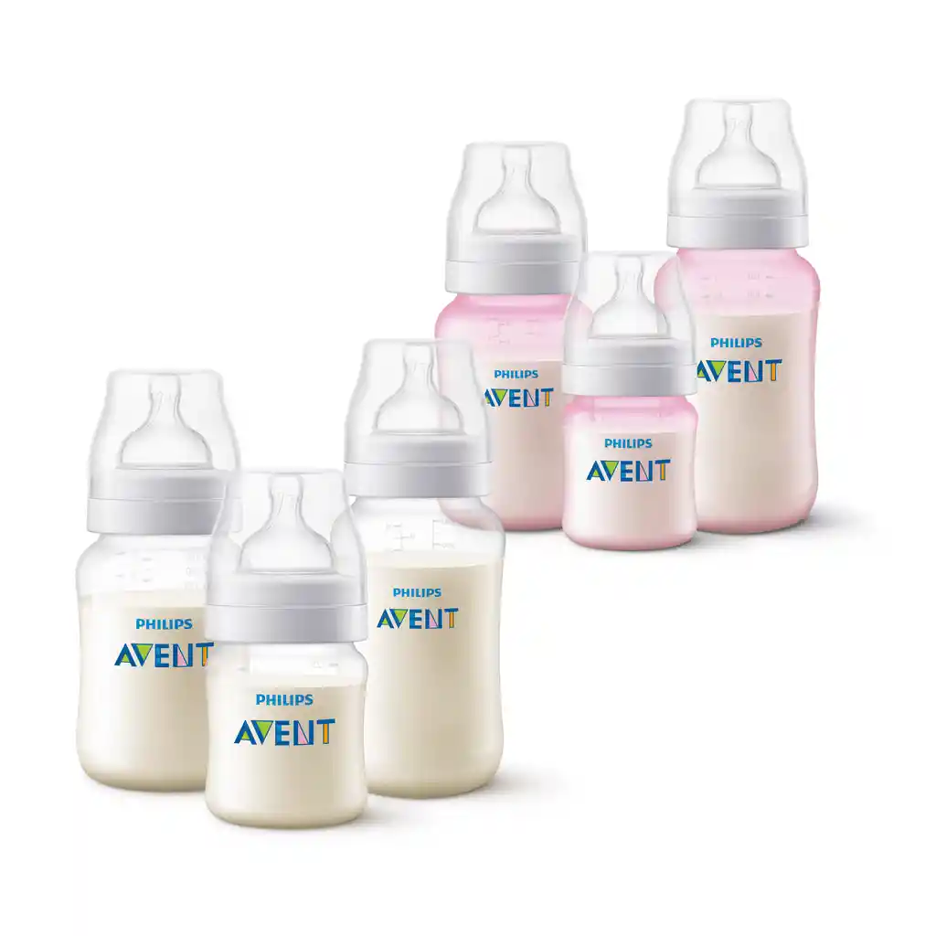 Pack 6 Mamaderas Anticolic 125ml,260ml,330ml Avent Bicolor