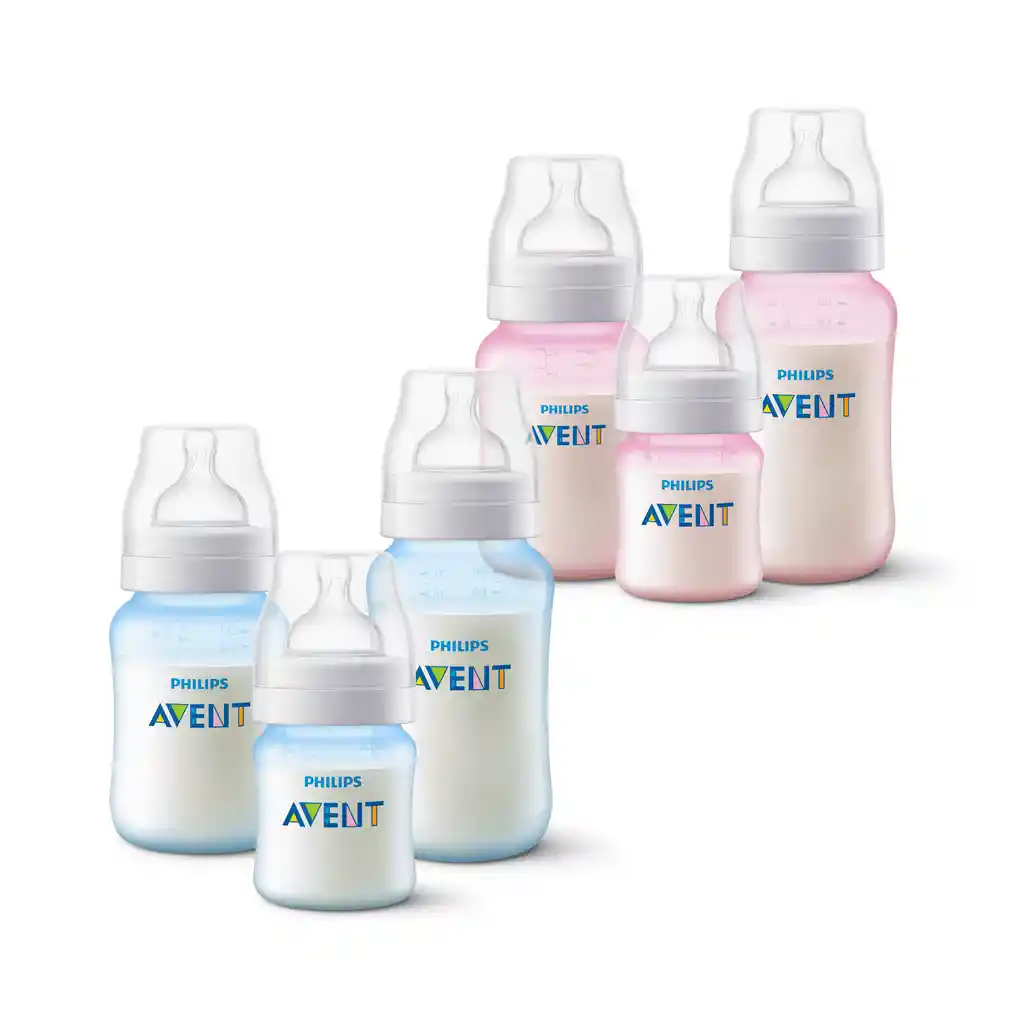 Pack 6 Mamaderas Anticolic 125ml,260ml,330ml Avent Bicolor