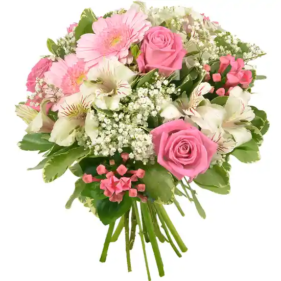 Ramo Con 5 Rosas, 3 Gerberas Y Astromelias Rosado Blanco