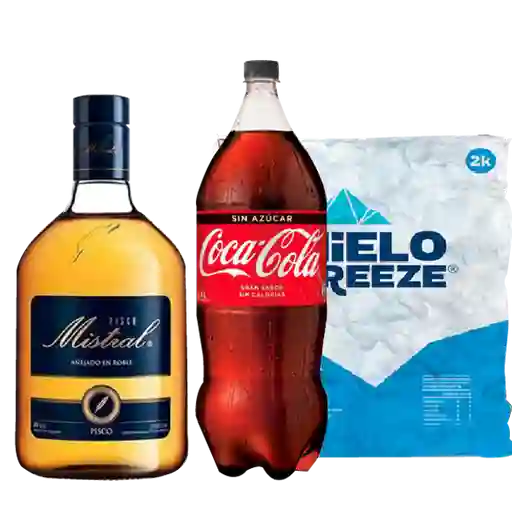 Promo Mistral 35 ° 1,0 Lt + Coca Cola 3,0 + 2 Kg Hielo