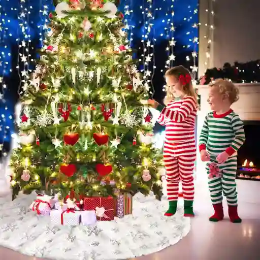 Faldón Arbol Naviidad Blanco Bordado Copo De Lentejuela Plateado