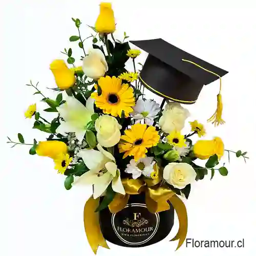 Caja Tambor Con Birrete De Graduación Y Flores Amarillas