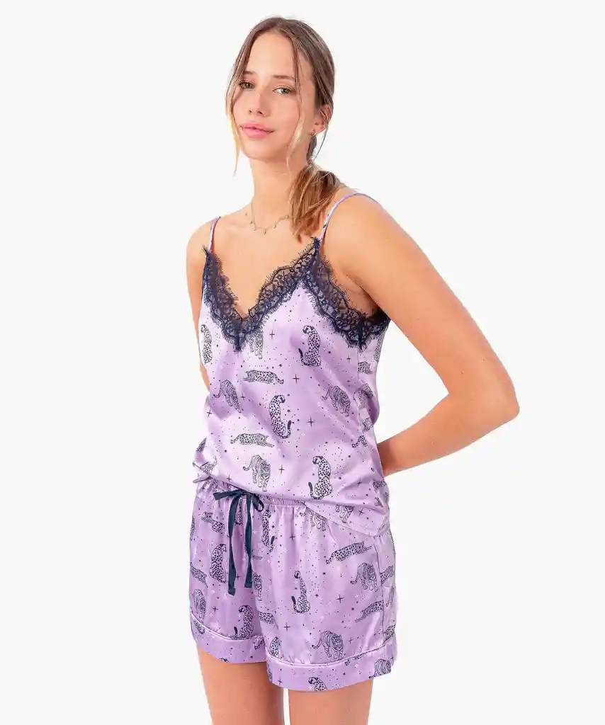 Set Pijama Mujer Satinado Tigres Xs Lila