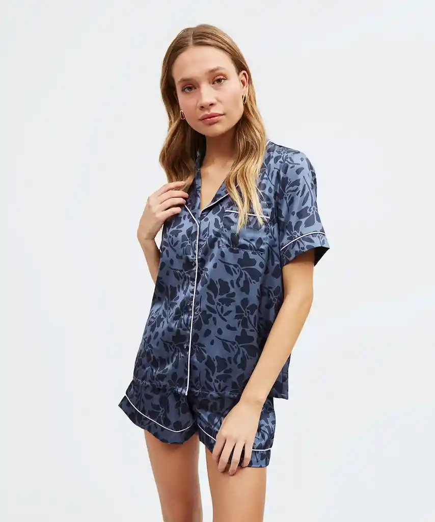 Pijama Mujer Corto Satinado S Azul