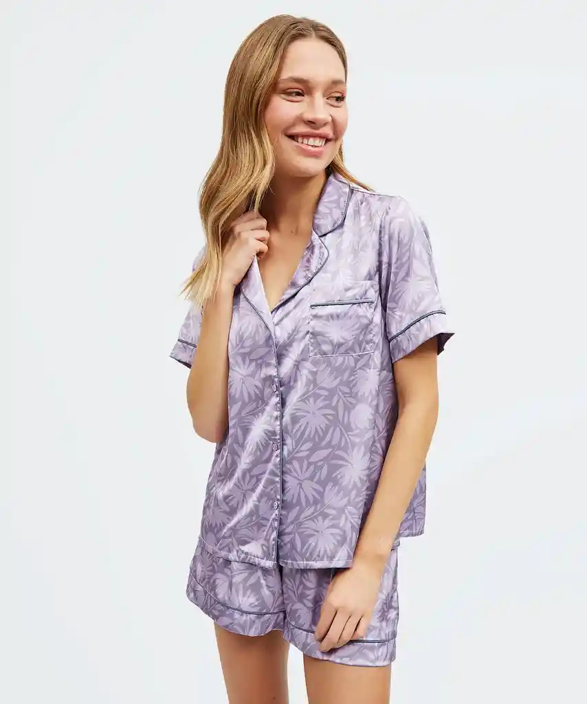 Pijama Mujer Corto Satinado M Lila