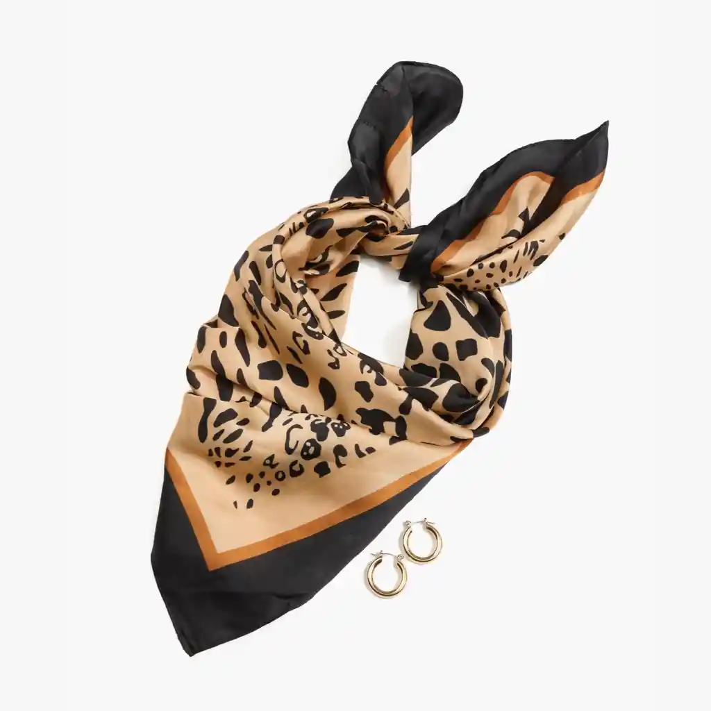 Set Pañuelo Y Aros Mujer Animal Print Difuso Café