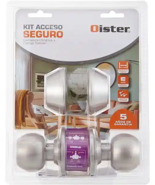 Kit Oister Cerradura Cilíndrica Acceso + Cerrojo Tubular Llave-llave - Plata