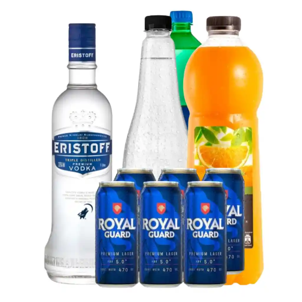 Vodka Eristoff 1 L + Nectar Naranja O Tonica 1.5l O Sprite 3 Litros + Six Pack Royal Guard 470cc