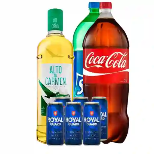 Pisco Alto Del Carmen 1l + Coca Cola O Sprite 3 Litros + Six Pack Royal Guard 470cc