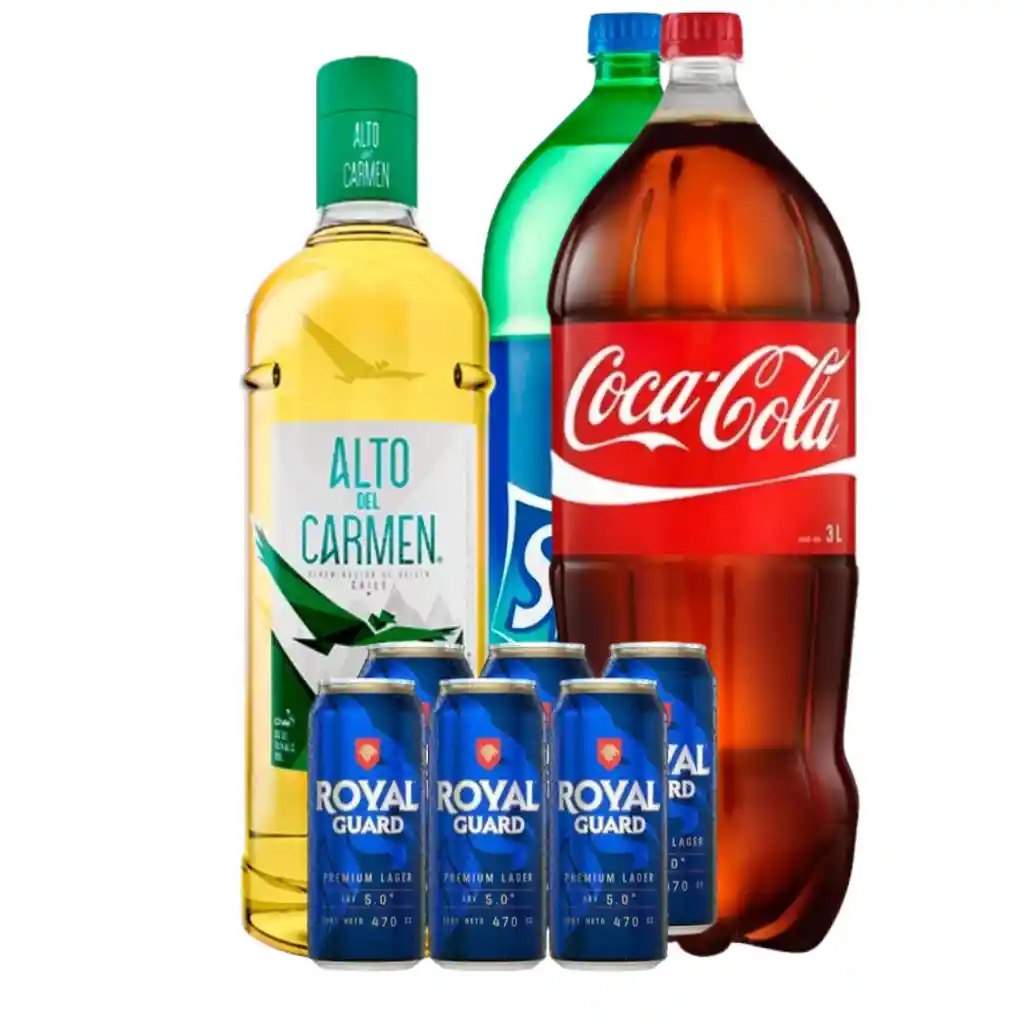 Pisco Alto Del Carmen 1l + Coca Cola O Sprite 3 Litros + Six Pack Royal Guard 470cc