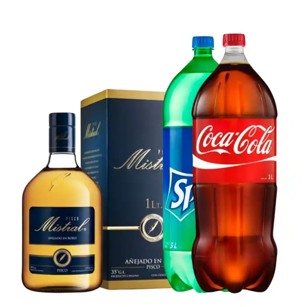 Promoción Pisco Mistra 1l + Coca O Sprite 3 Litros