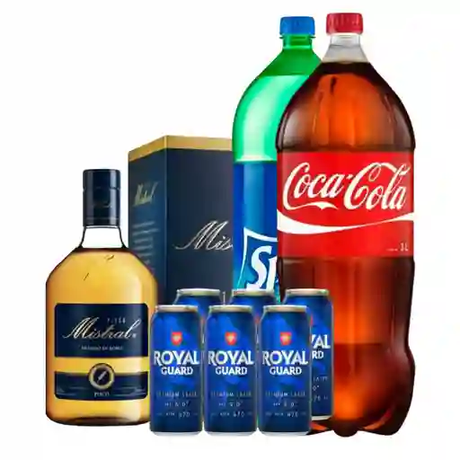 Promo Pisco Mistral 1 L + Coca Cola O Sprite 3 Litros + Pack Royal Guard 470cc