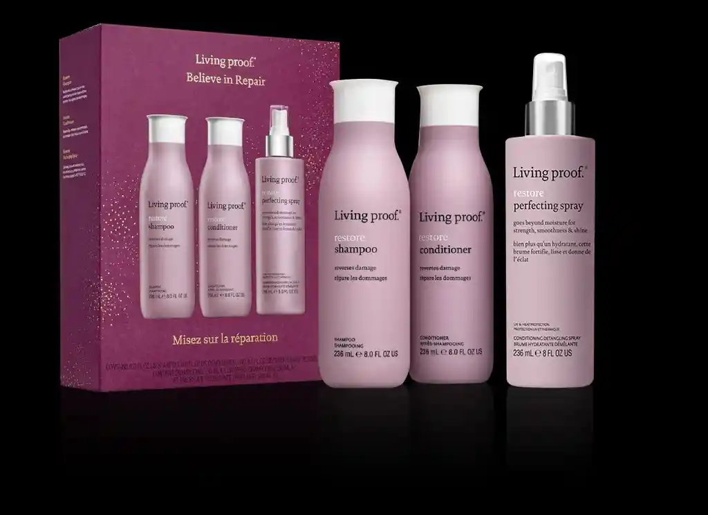 Living Proof Pack Restore Brilliantly Revived Restore- Shampoo, Acondicionador Y Spray Sin Enjuague