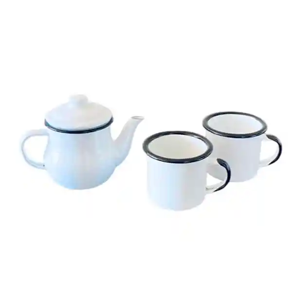 Set Tetera Té + 2 Tazas Enlozadas Blancas